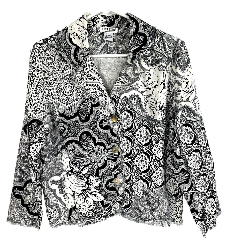 Citron Santa Monica Jacket PM Petite Floral Raw Seam Silk Linen Button‎ Closure